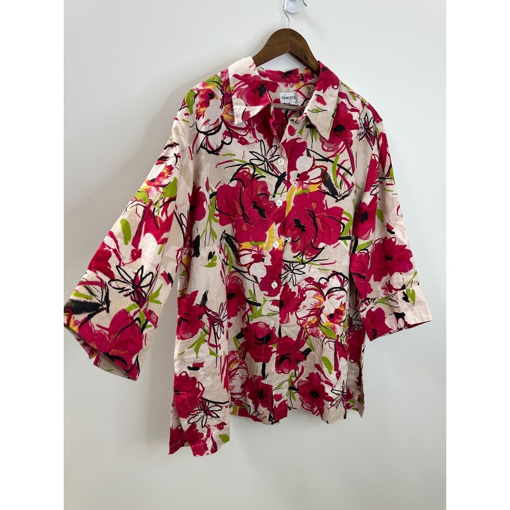 Chico's 100% Linen Multicolor Floral Print Button Up Shirt Size 3 US 16 XL Top - Picture 9 of 12